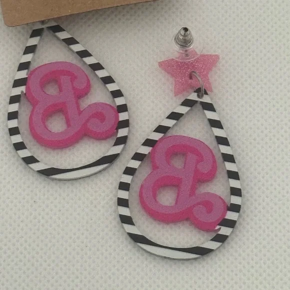 Glitter Acrylic Barbie B Earrings – Pink Star & Striped Teardrop Dangle – NWT - Picture 4 of 6